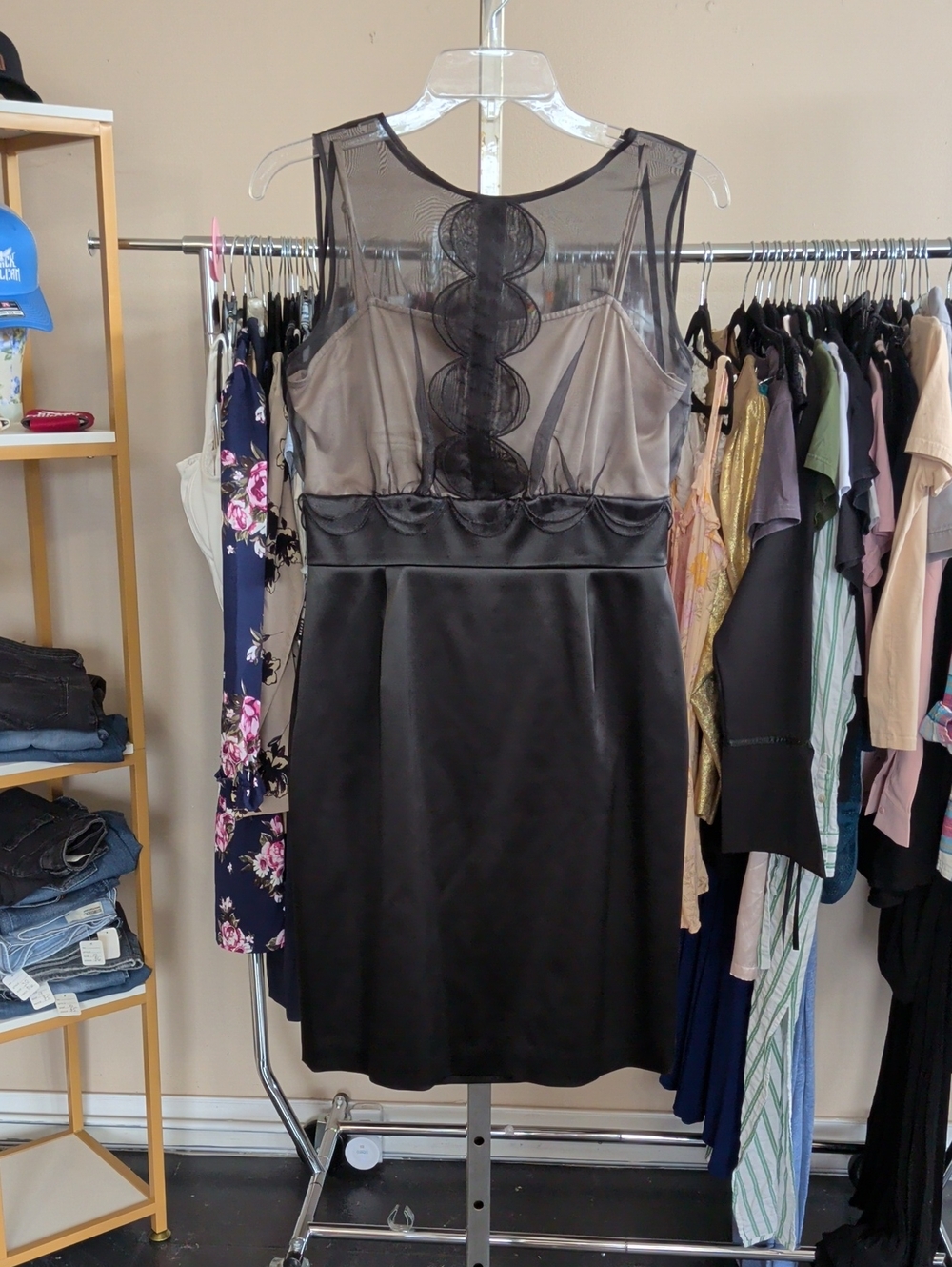 Max & Cleo Black Satin and Sheer Mesh Dress with Lace Accent